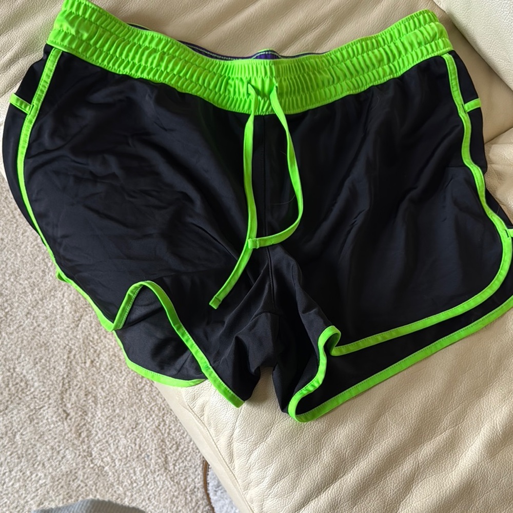 Green and Black Athletic Shorts with Neon Trim